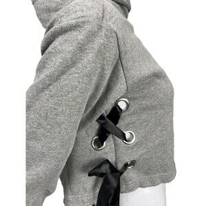 G by Guess Crop Hoodie Sweatshirt Long Sleeves Black Ribbon Side Ties Gray Small